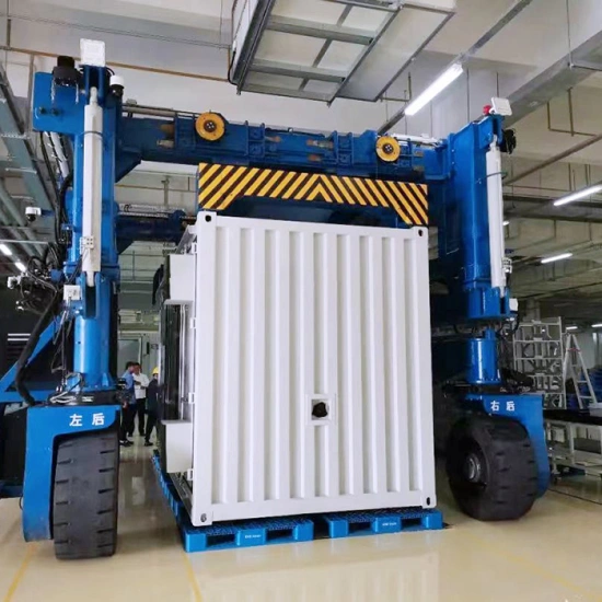 Straddle truck transporting cargo in warehouse