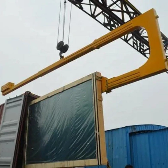 C-shaped lifting hook attached to an overhead crane mechanism