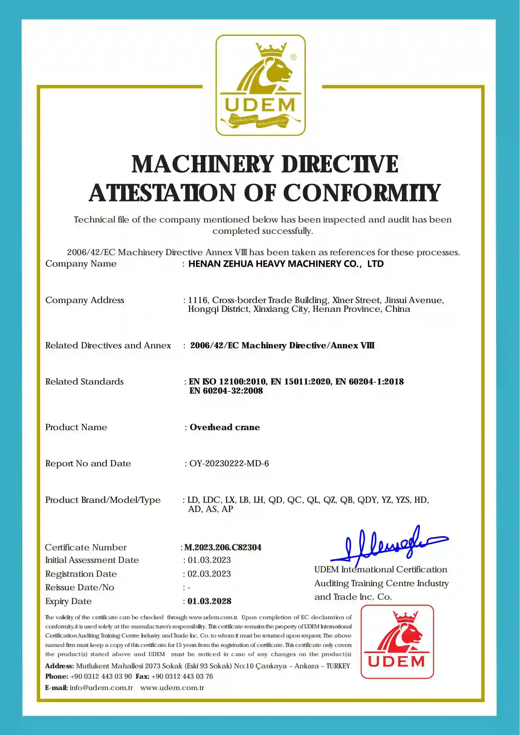 Rotary Feeding Crane ISO 9001 Certificate