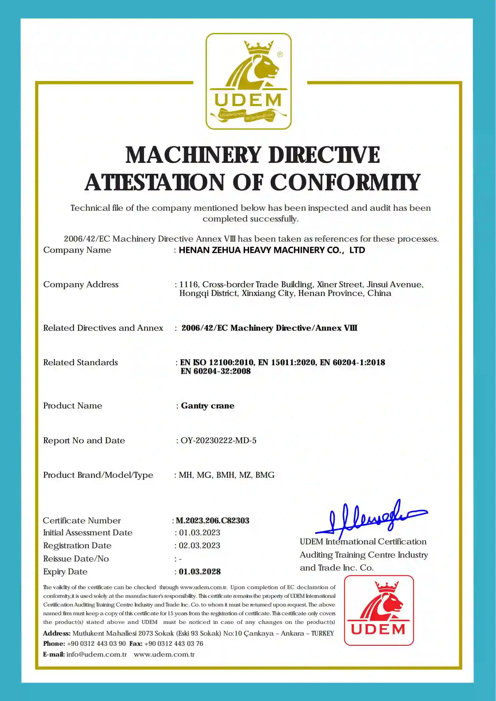 European Gantry Crane ISO Certification